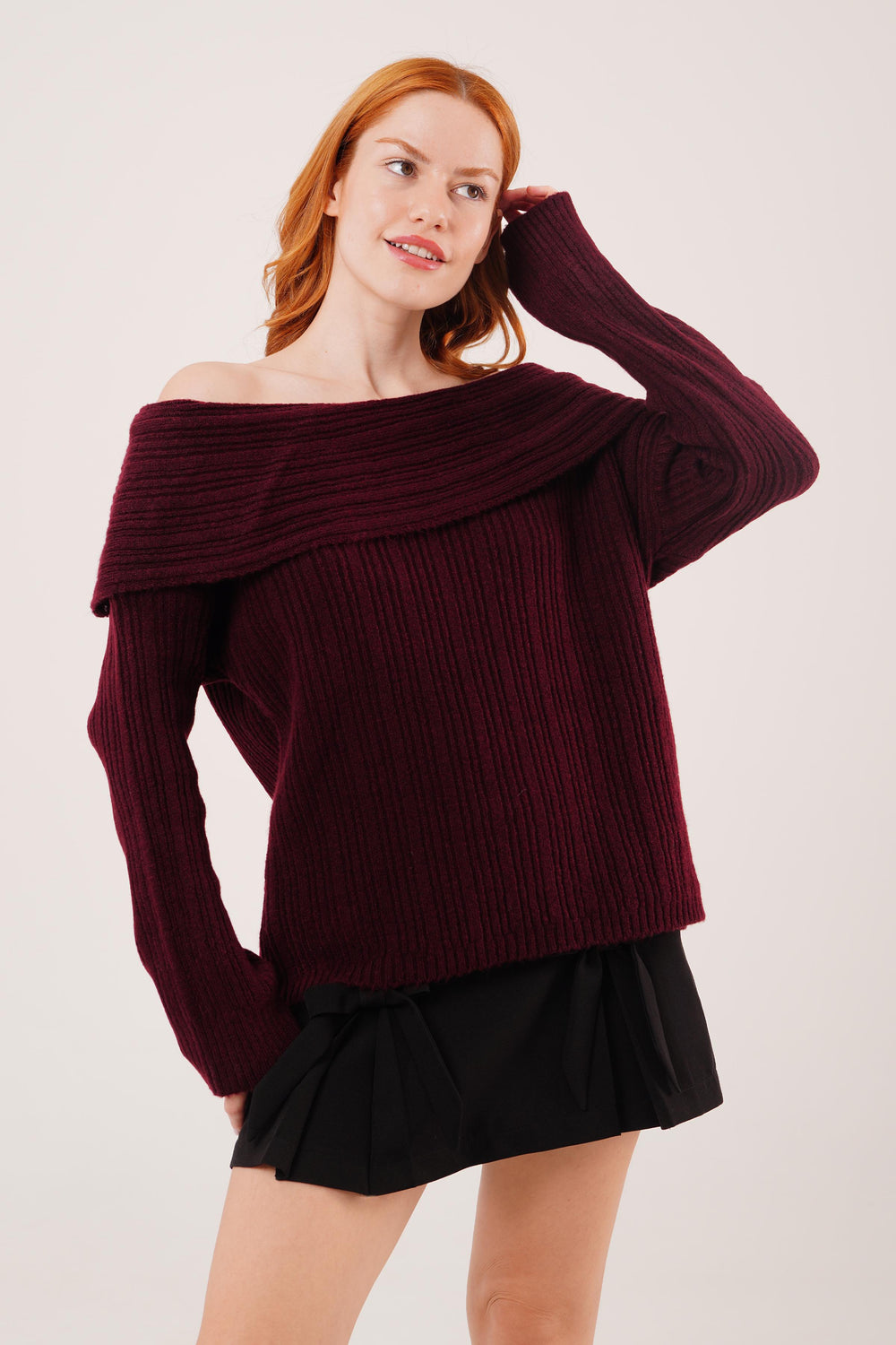 Omuz Dekolteli Madonna Yaka Bordo Toptan Triko Kazak Bordo STD