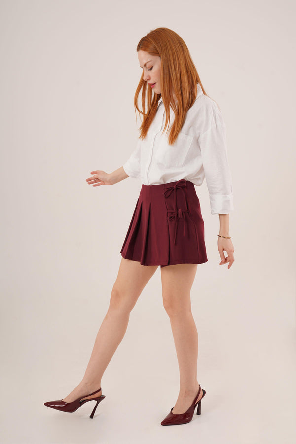 Önü Piliseli Yandan Bağlama Detaylı Toptan Bordo Mini Şort Etek