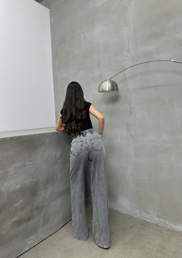 Pantaloni palazzo gri pentru femei cu talie elastică și șnur de fixare