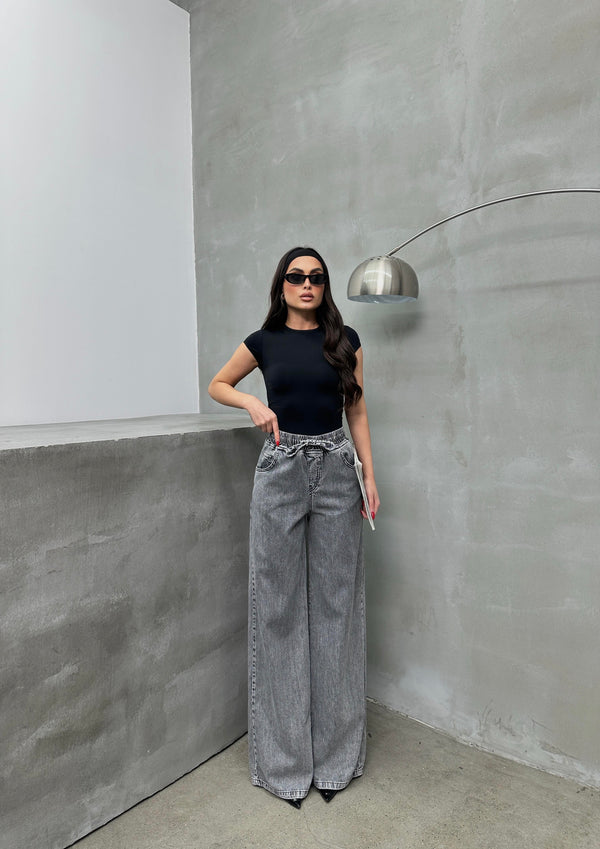 Pantaloni palazzo gri pentru femei cu talie elastică și șnur de fixare