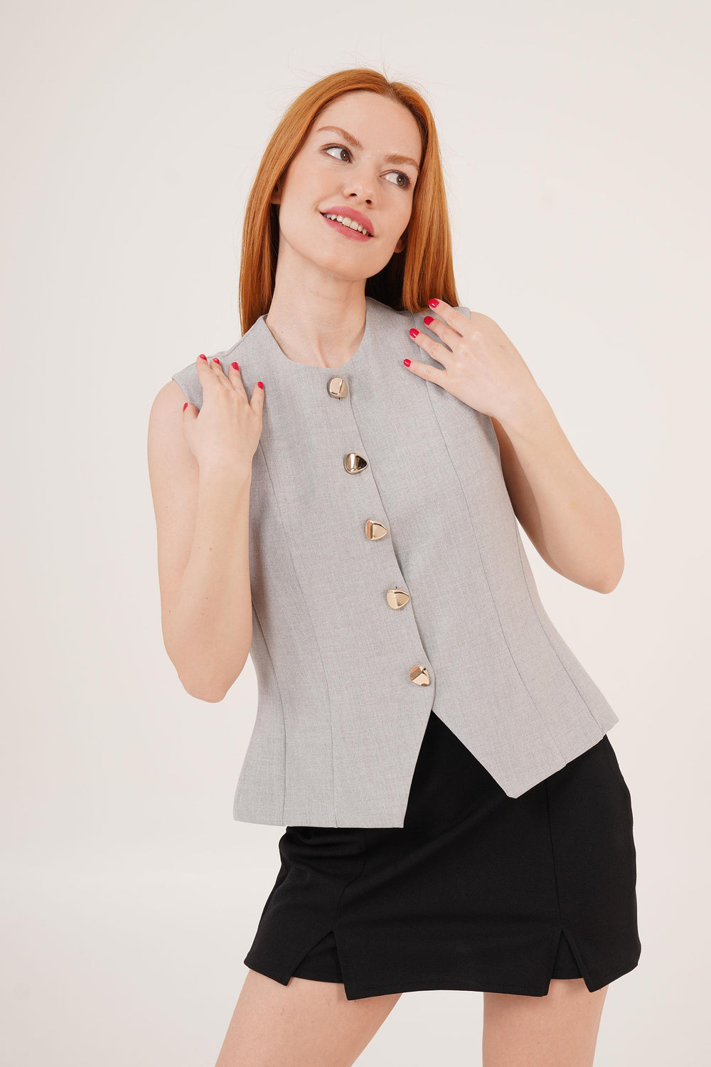 Parlak Düğme Detaylı Gri Toptan Yelek Gri S