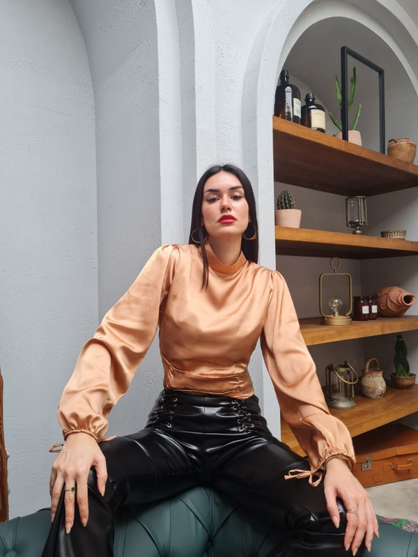 Kısa Saten Bluz - Kahverengi
