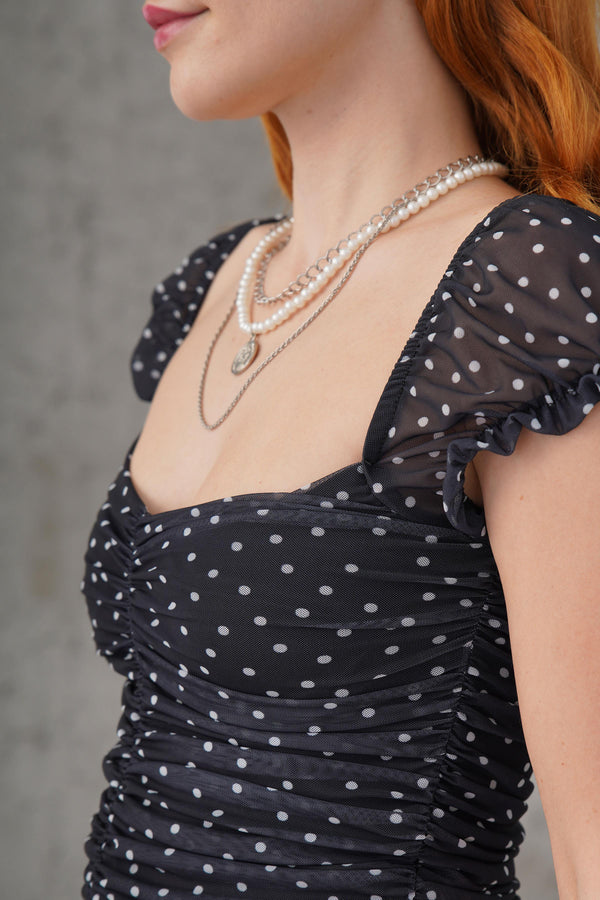 Puantiyeli Belden Oturtmalı Toptan Tül Siyah Bluz