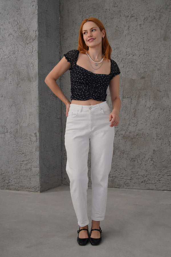 Puantiyeli Belden Oturtmalı Toptan Tül Siyah Bluz