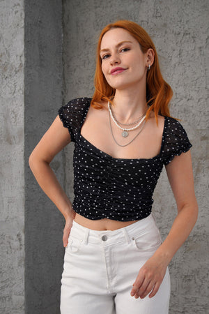 Puantiyeli Belden Oturtmalı Toptan Tül Siyah Bluz