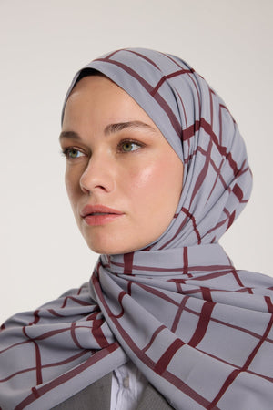 Pure Tone Şal - Kare Desen - Gümüş - Bordo