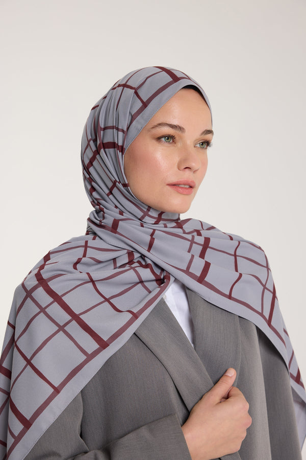 Pure Tone Şal - Kare Desen - Gümüş - Bordo