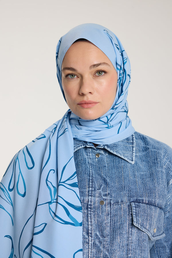 Pure Tone Şal - Yaprak Desen - Bebe Mavisi - Mavi