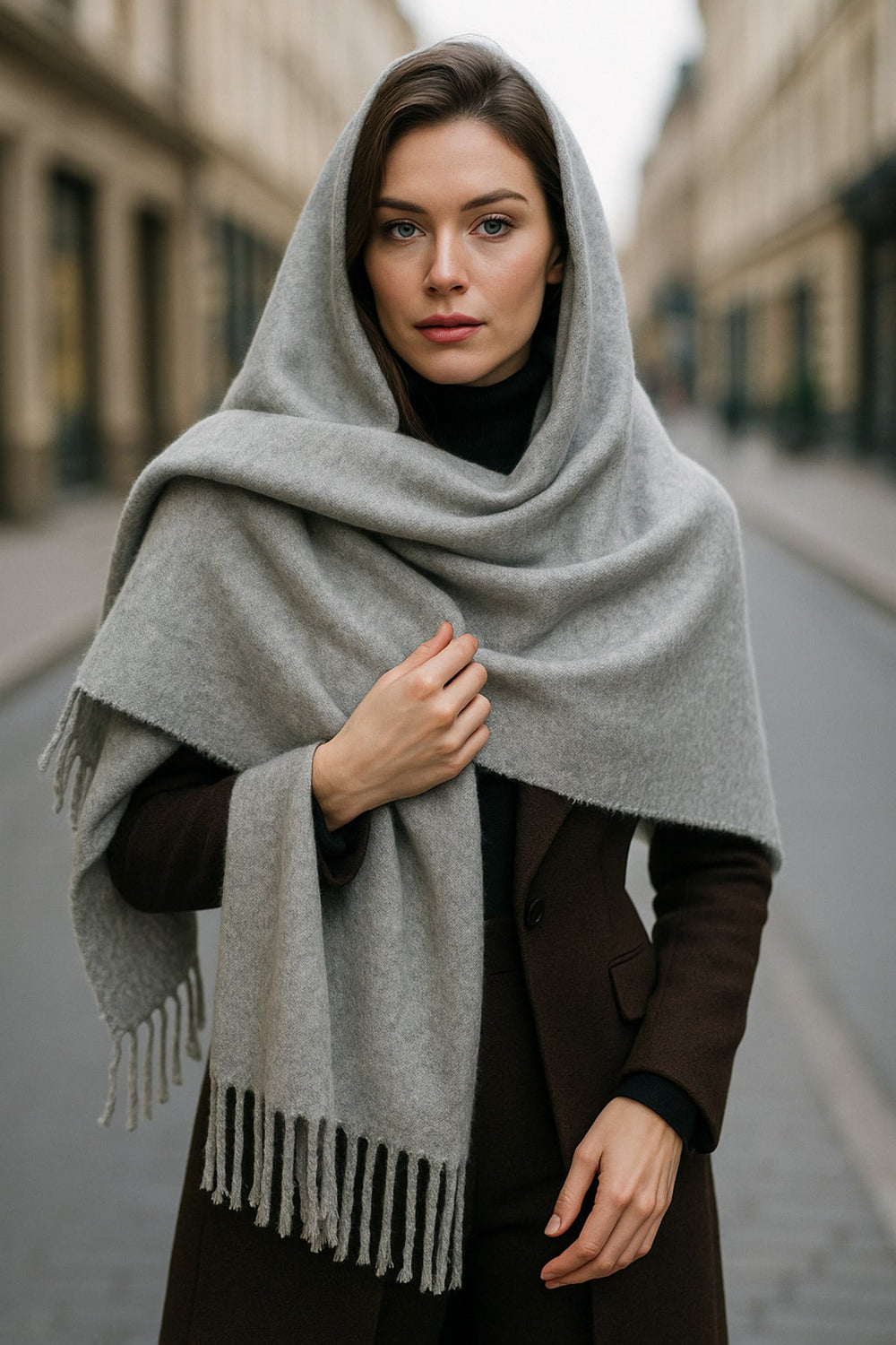Gri Püsküllü Atkı – Şal Ve Geniş Yapı, Soğuk Hava Için Ideal Sal1296