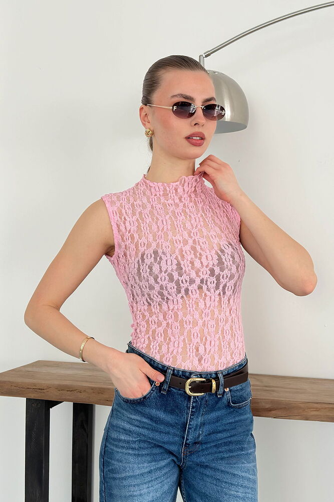 Sıfır Kol Dantel Toptan Bluz - Pembe | Topshow