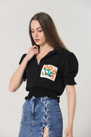 Topshow Siyah Çep Nakışlı Toptan Gömlek
