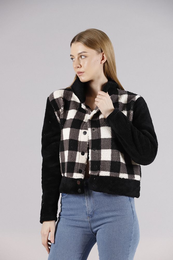 Toptan Polar Çıtçıtlı Toptan Mont - Siyah Dama