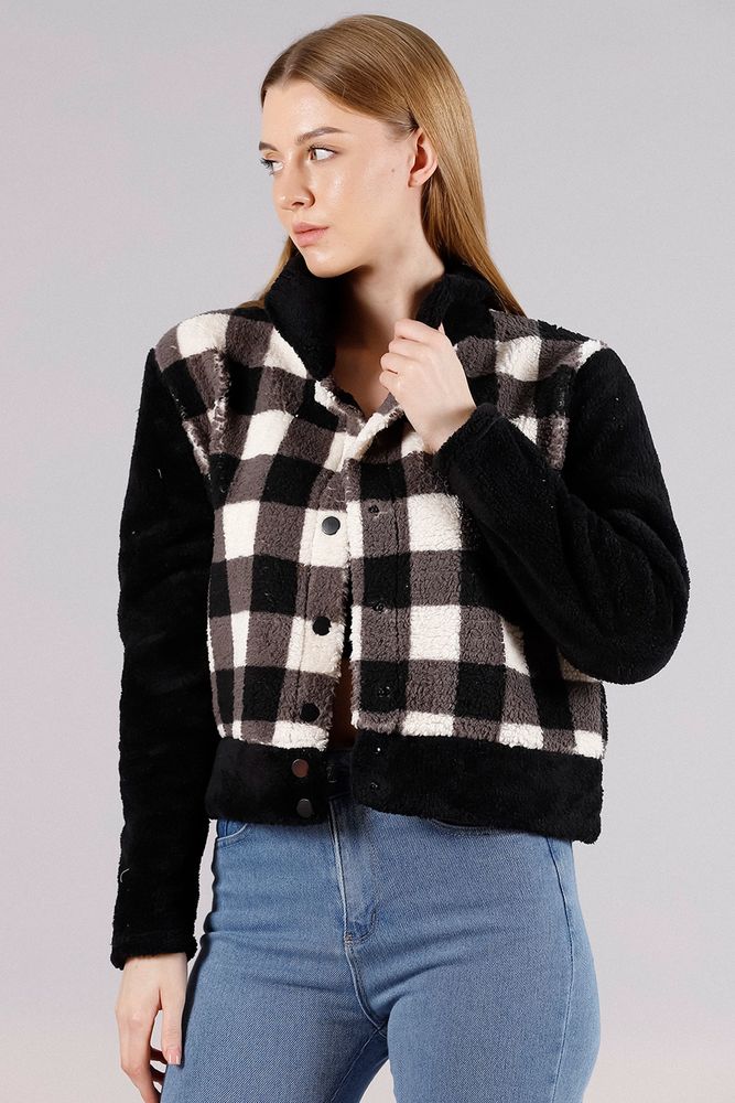 Toptan Polar Çıtçıtlı Toptan Mont - Siyah Dama