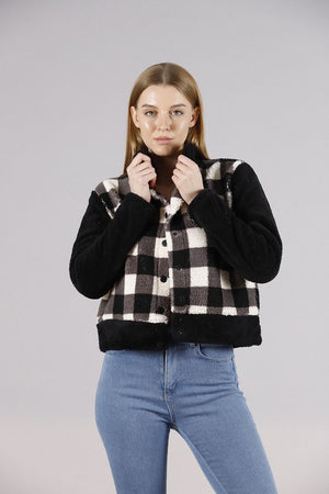 Toptan Polar Çıtçıtlı Toptan Mont - Siyah Dama