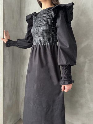Rochie neagră Topshow cu mânecă din piele, en-gros, fustă din poplin, en-gros | F0843