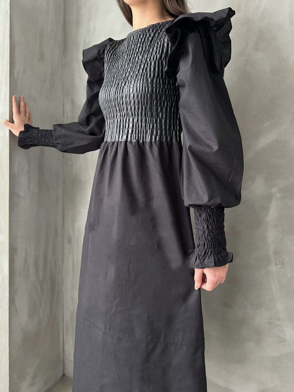 Rochie neagră Topshow cu mânecă din piele, en-gros, fustă din poplin, en-gros | F0843