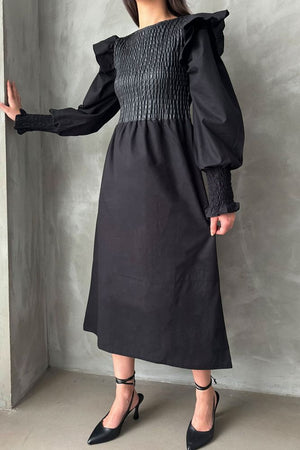 Rochie neagră Topshow cu mânecă din piele, en-gros, fustă din poplin, en-gros | F0843