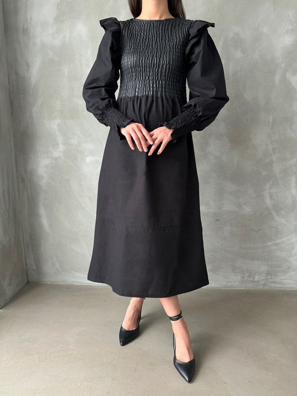 Rochie neagră Topshow cu mânecă din piele, en-gros, fustă din poplin, en-gros | F0843
