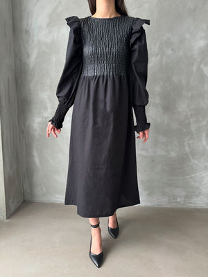 Rochie neagră Topshow cu mânecă din piele, en-gros, fustă din poplin, en-gros | F0843