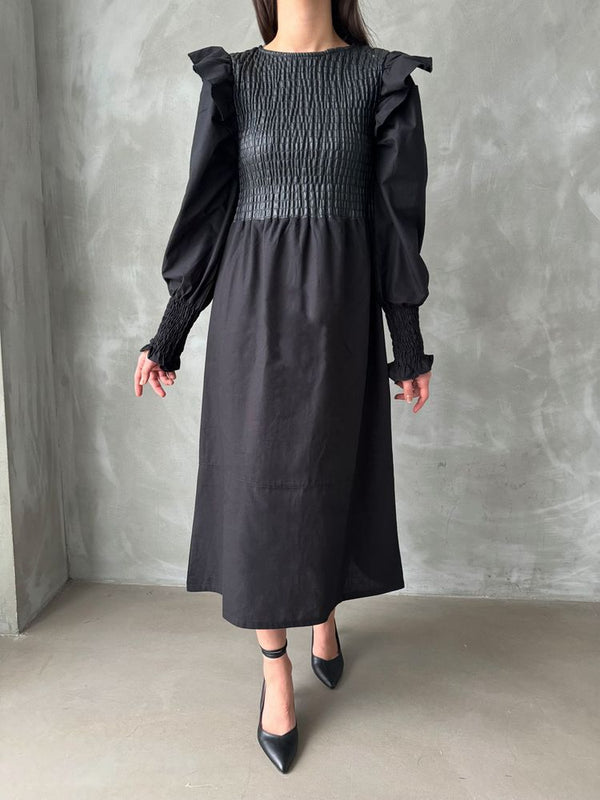 Rochie neagră Topshow cu mânecă din piele, en-gros, fustă din poplin, en-gros | F0843