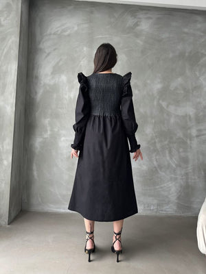 Rochie neagră Topshow cu mânecă din piele, en-gros, fustă din poplin, en-gros | F0843