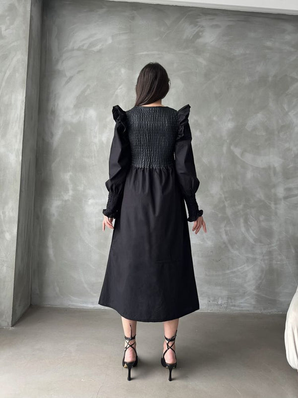 Rochie neagră Topshow cu mânecă din piele, en-gros, fustă din poplin, en-gros | F0843