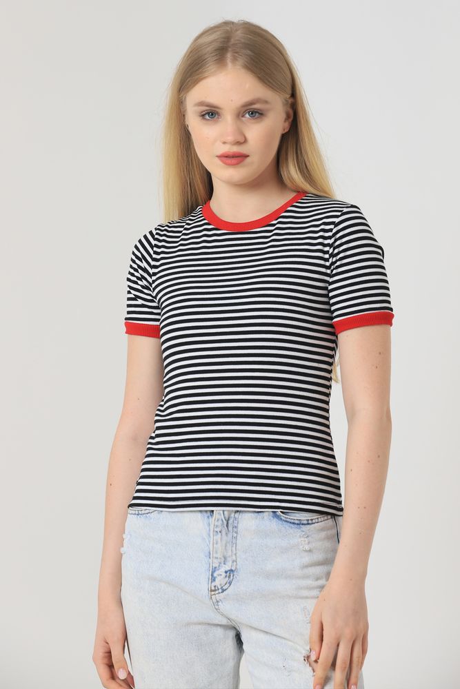 Topshow Siyah Kırmızı Çizgili Toptan T-Shirt