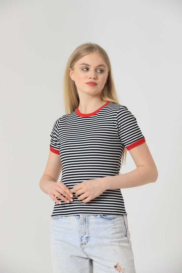 Topshow Siyah Kırmızı Çizgili Toptan T-Shirt
