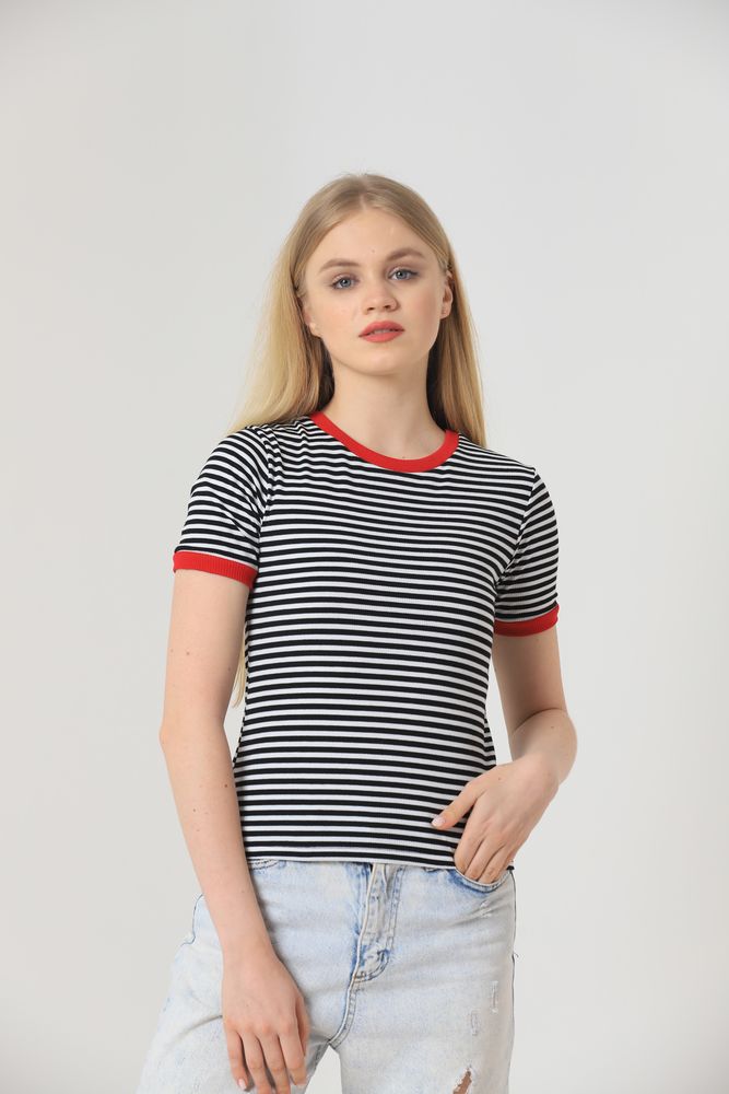 Topshow Siyah Kırmızı Çizgili Toptan T-Shirt
