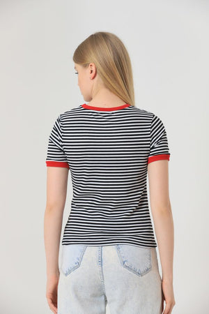 Topshow Siyah Kırmızı Çizgili Toptan T-Shirt