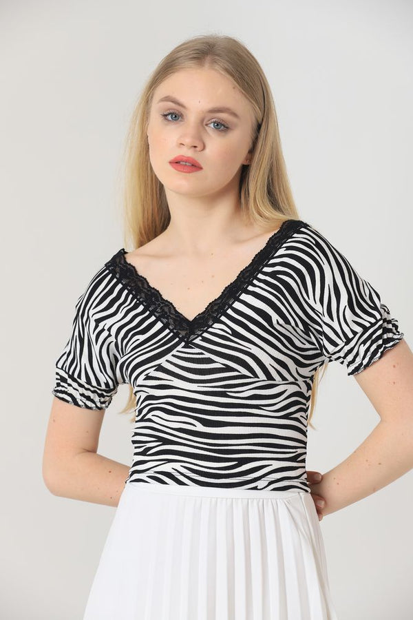 Topshow Siyah Zebra V Yaka Yakası Dantel Toptan Bluz