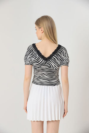 Topshow Siyah Zebra V Yaka Yakası Dantel Toptan Bluz