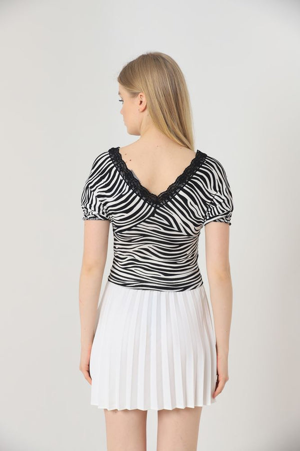 Topshow Siyah Zebra V Yaka Yakası Dantel Toptan Bluz