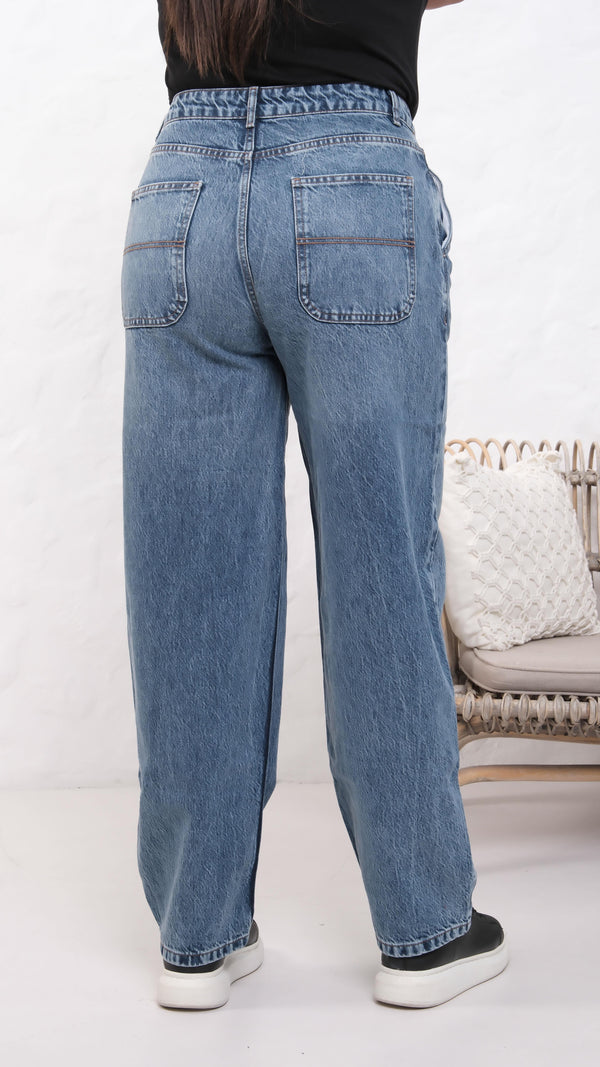 Yüksek Bel Battal Kesim Dark Blue Jean Pantolon