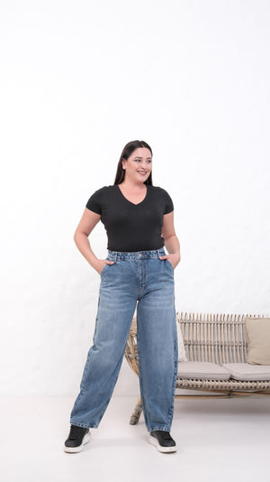 Yüksek Bel Battal Kesim Dark Blue Jean Pantolon