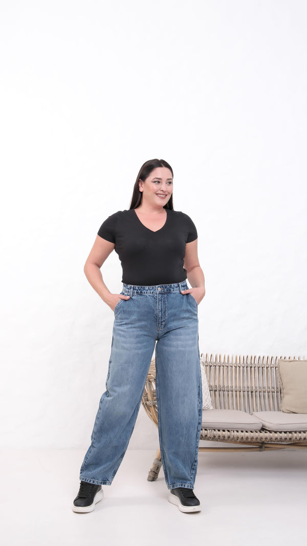 Yüksek Bel Battal Kesim Dark Blue Jean Pantolon