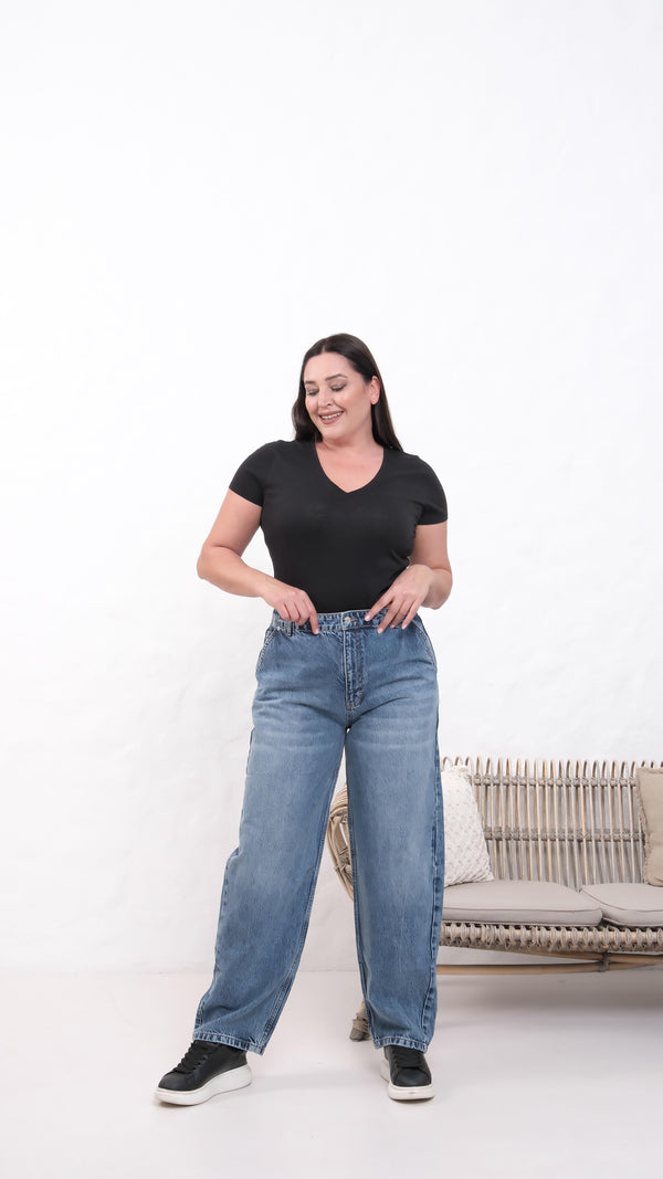 Yüksek Bel Battal Kesim Dark Blue Jean Pantolon
