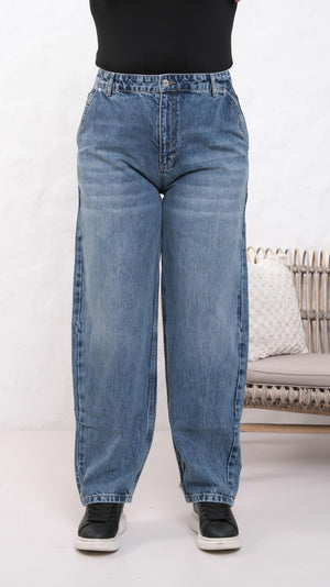 Yüksek Bel Battal Kesim Dark Blue Jean Pantolon
