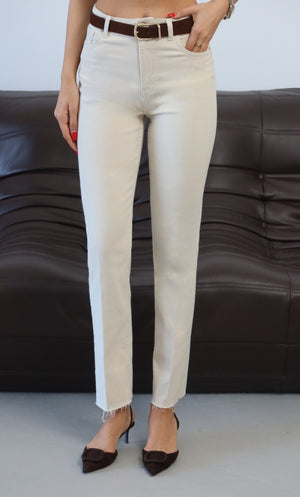 Pantaloni din denim cu aspect natural, cu talie înaltă, tiv scurt, cu curea.