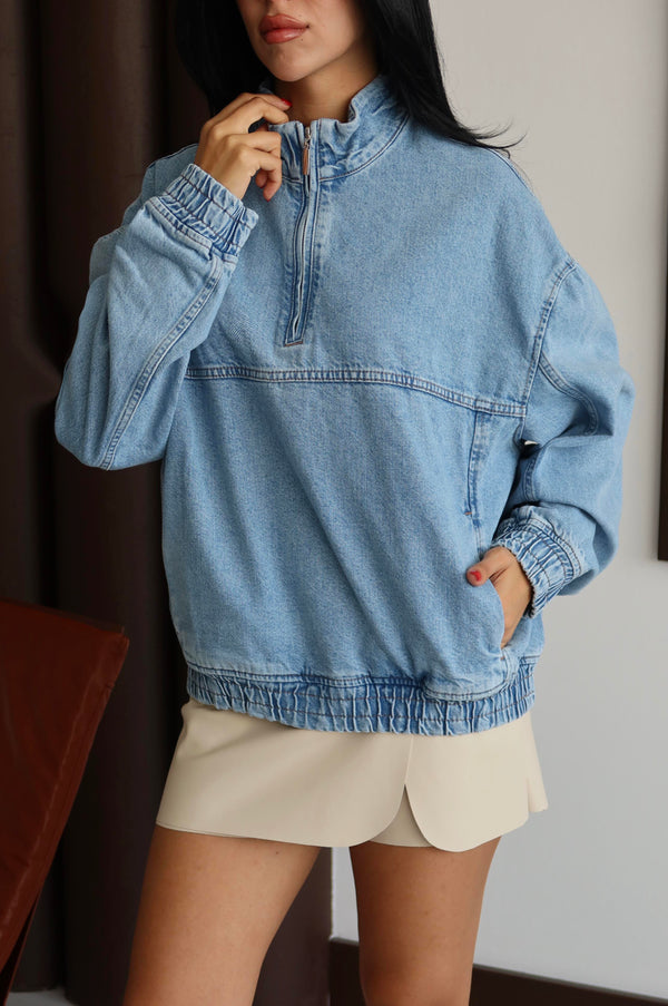 Yaka Fermuar Detaylı Unisex Blue Sweatshirt
