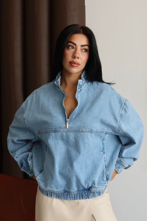 Yaka Fermuar Detaylı Unisex Blue Sweatshirt