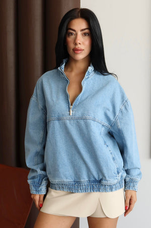 Yaka Fermuar Detaylı Unisex Blue Sweatshirt