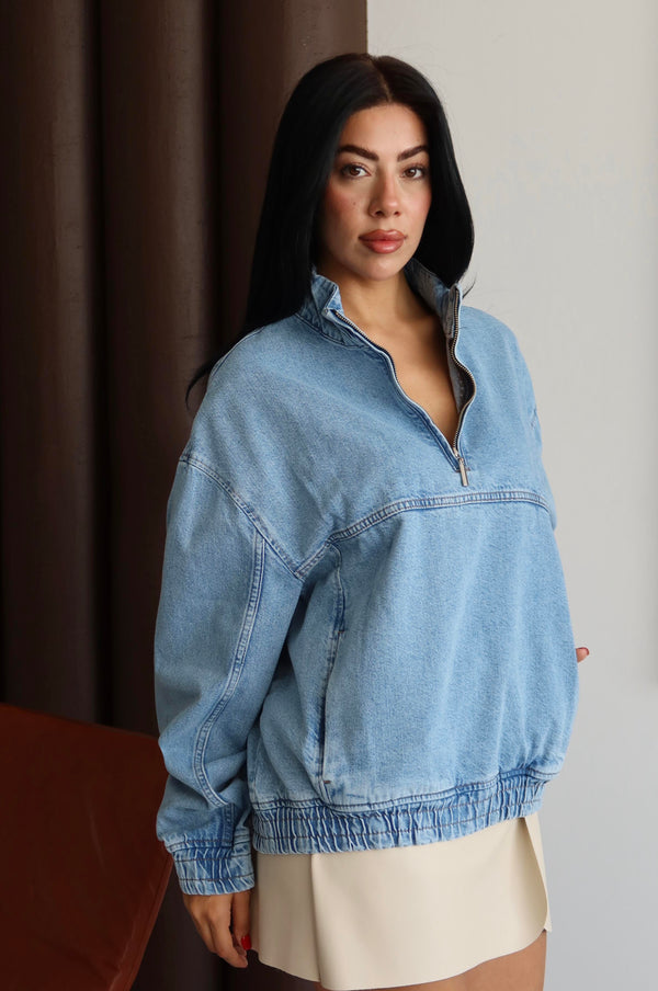 Yaka Fermuar Detaylı Unisex Blue Sweatshirt