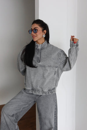 Yaka Fermuar Detaylı Unisex Sweatshirt