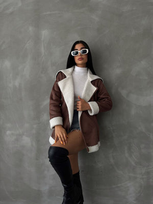 Deri Fermuarlı Yakası Kürklü Toptan Mont