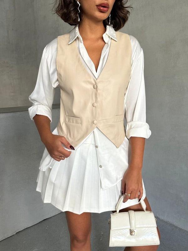 Düğmeli Deri Toptan Yelek - Taş