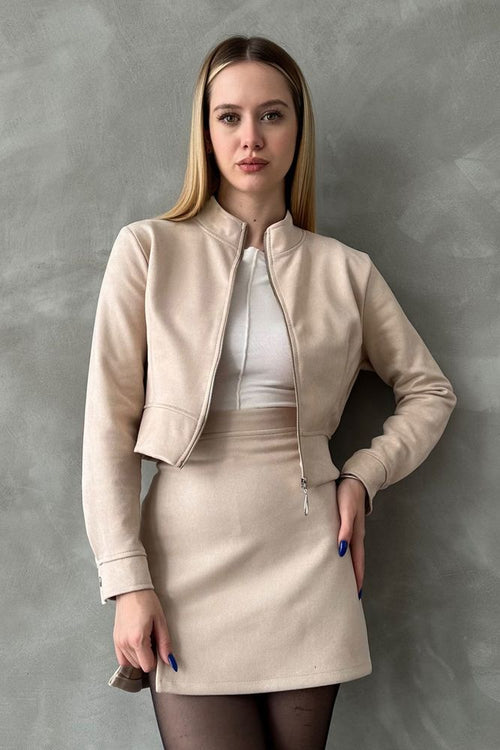 TOPSHOW Taş Süet Crop Toptan Mont | F1551