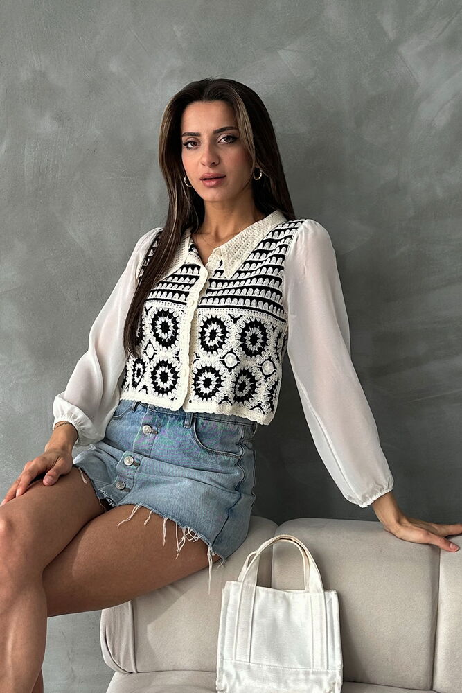 Çiçek Desenli Kısa Toptan Hırka | F0025 - Taş Siyah