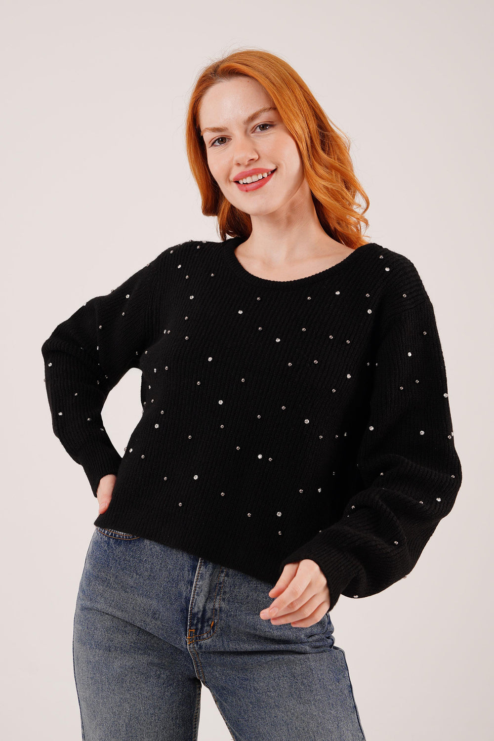 Taşlı Ve Sırt Dekolteli Siyah Toptan Kazak Siyah STD