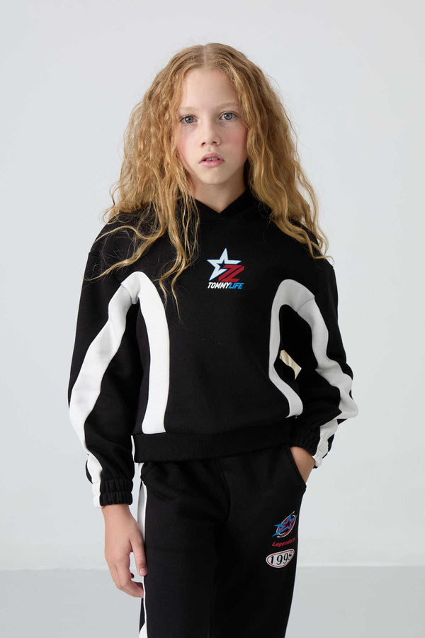 Tommylife Toptan 7-15 Yaş Kapüşonlu Oversize Kız Çocuk Eşofman Takımı 75166 Siyah